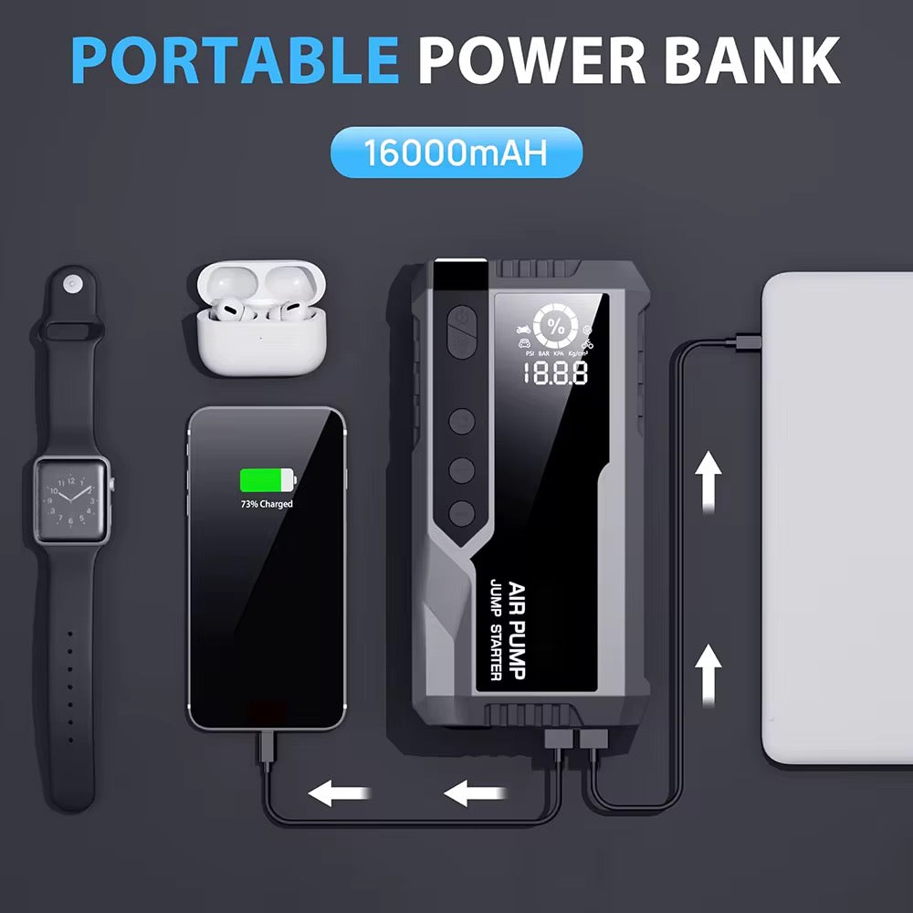 Démarreur de batterie, Compresseur et Power bank (Tout en un)