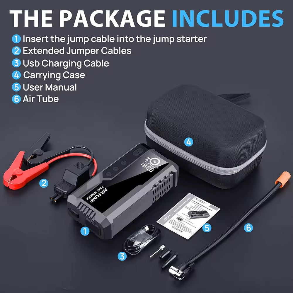 Démarreur de batterie, Compresseur et Power bank (Tout en un)